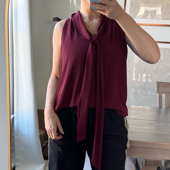 Burgundy Maroon Red Front Tie Sleeveless Work Office Corporate Dress Blouse - Picture 2 of 7